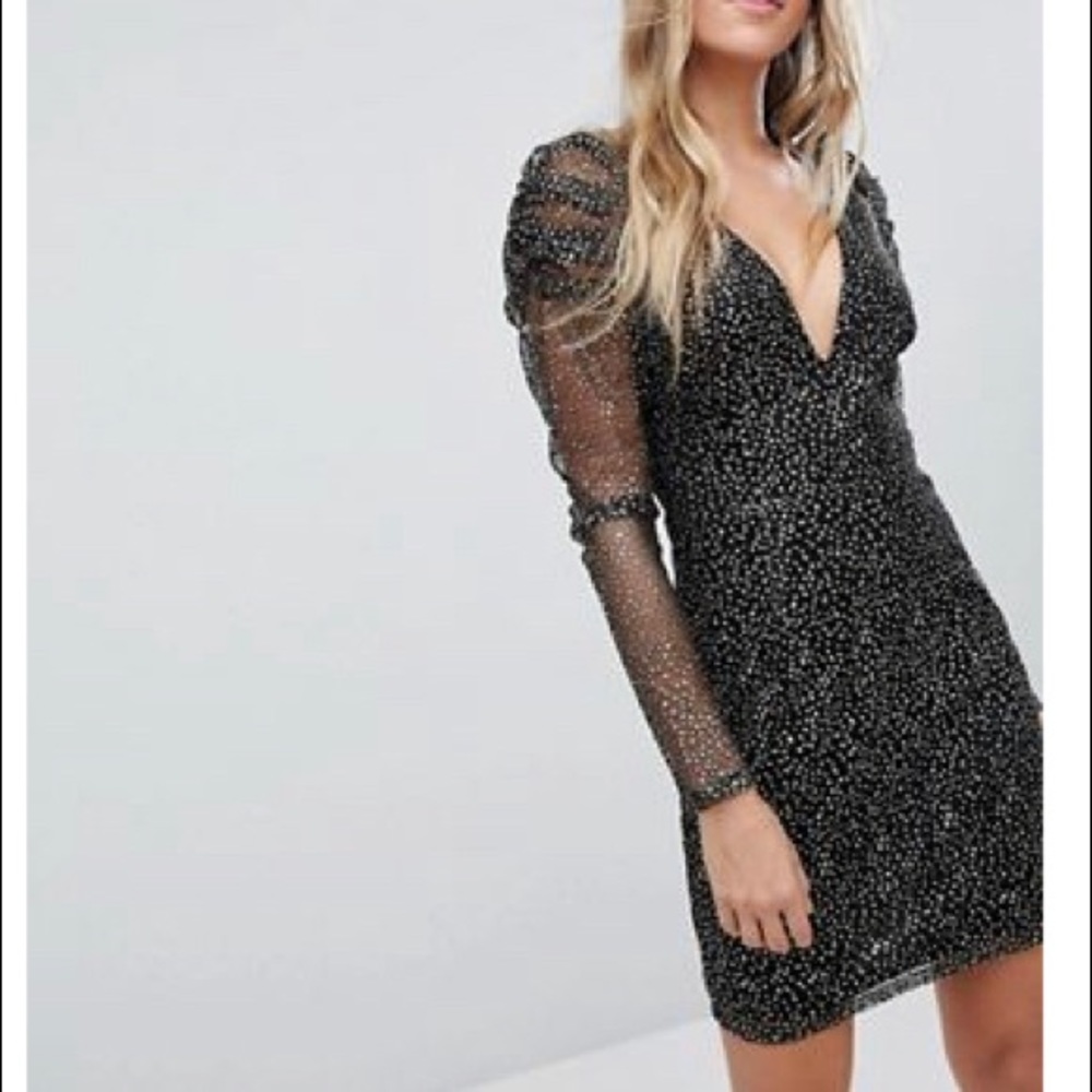 Boohoo Mesh and sparkle plunge neck holiday dress